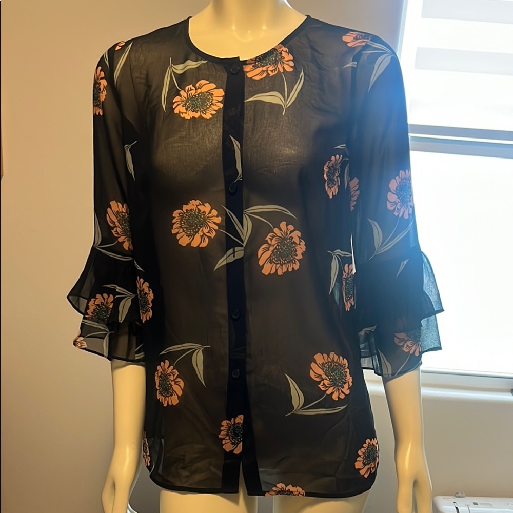 Cabi Floral Black Sheer Blouse